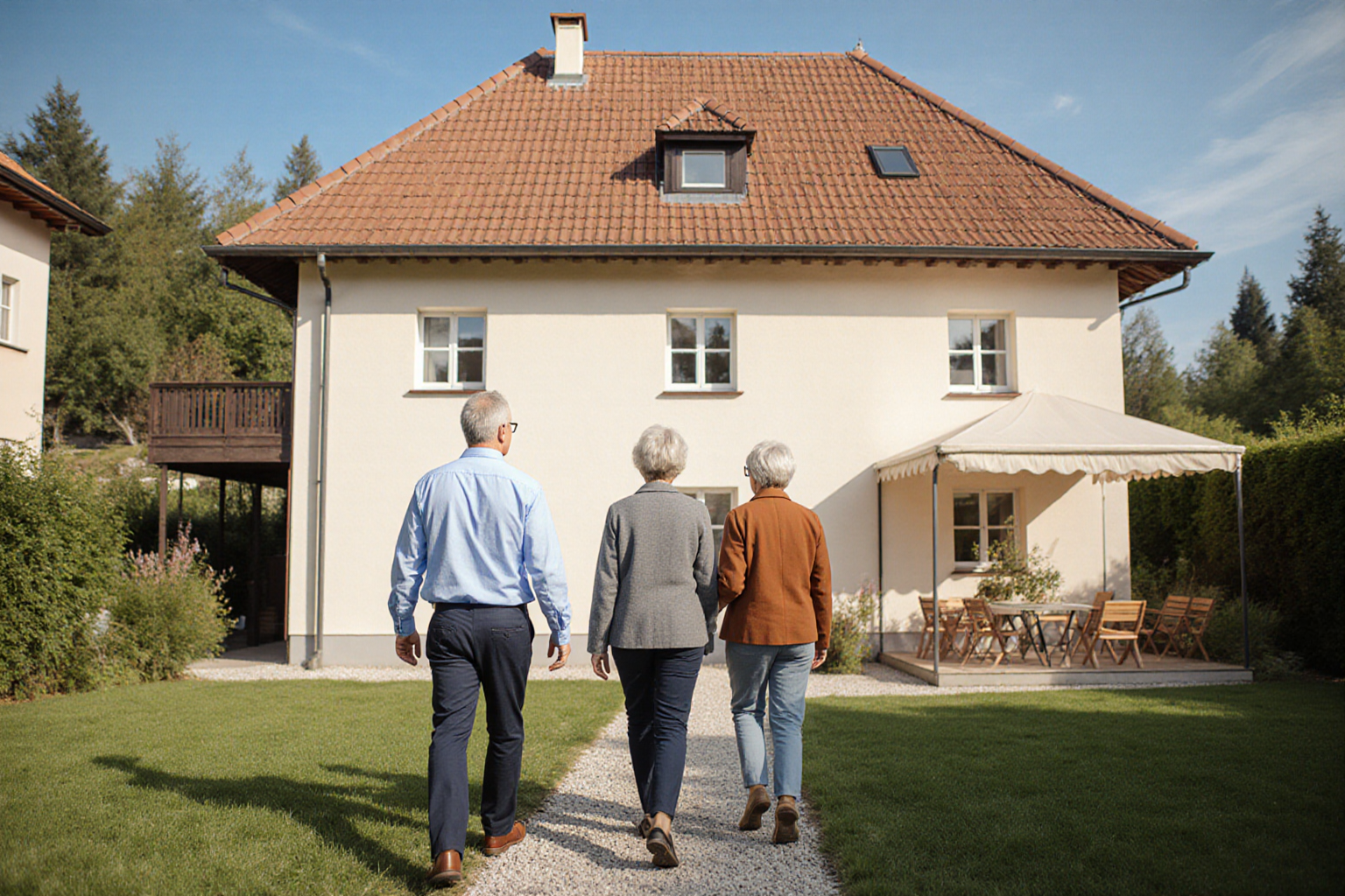 drei Erwachsene gehen gemeinsam und respektvoll über den Gartenweg zu einem normalen süddeutsch/österreichisch plausiblen Wohnhaus